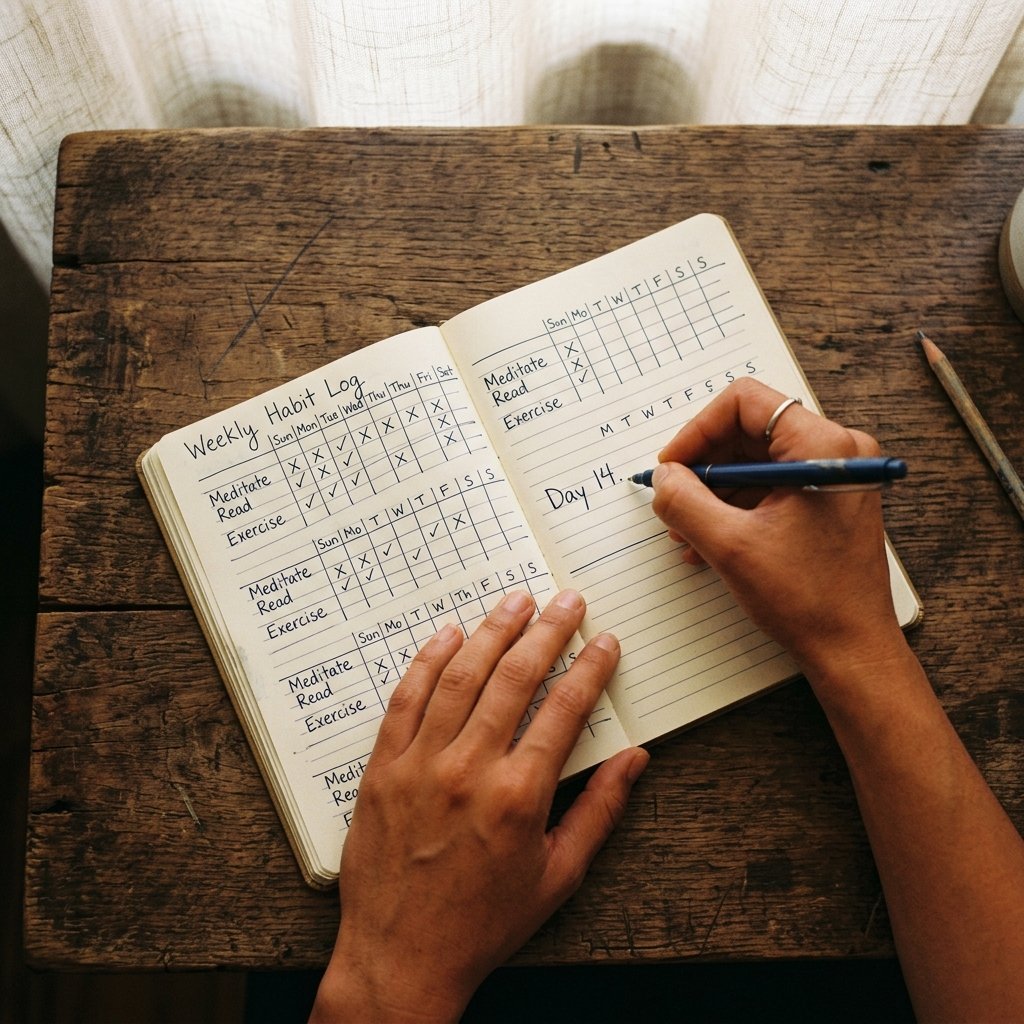 Two hands writing in a habit-tracking notebook, warm light on a wood surface