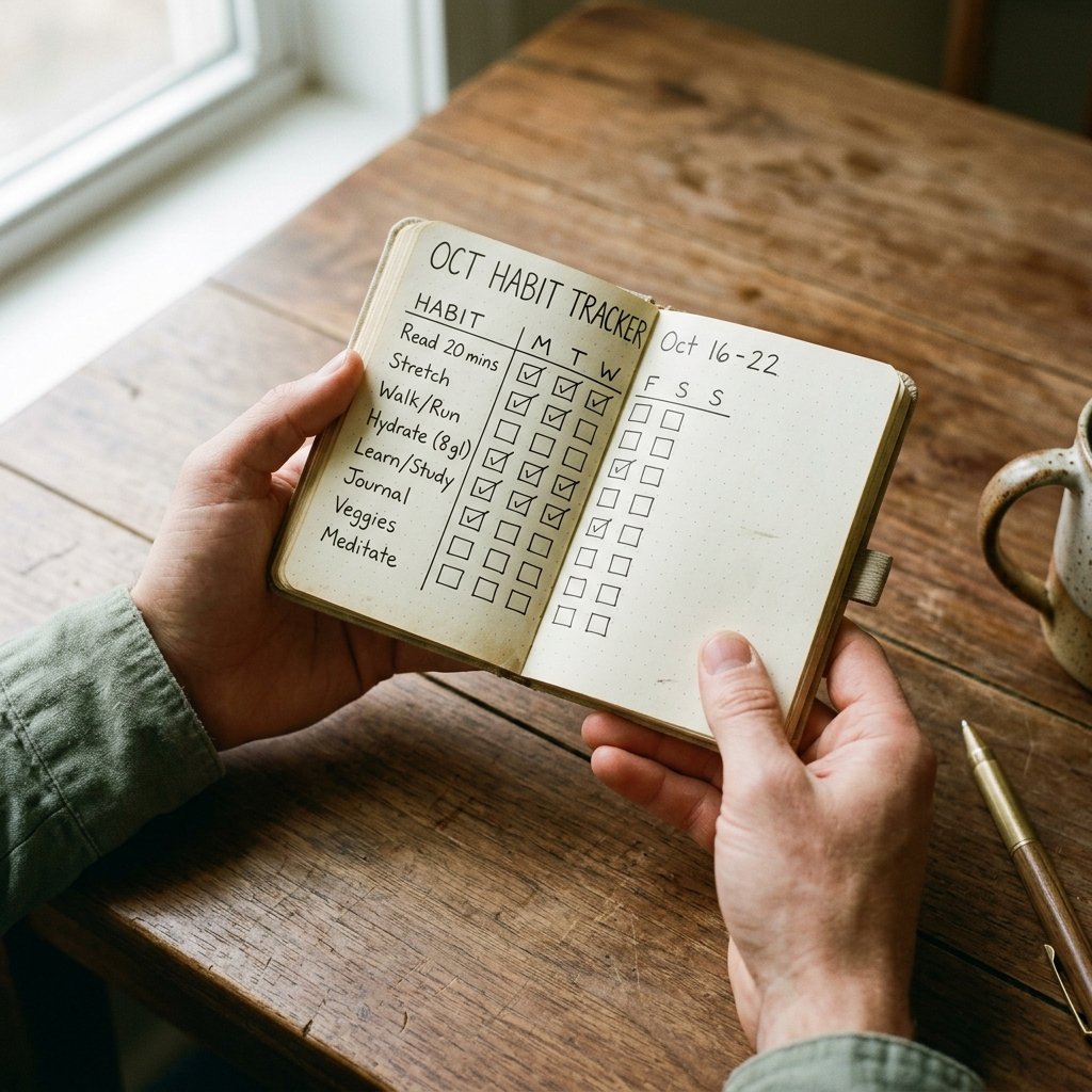 Close-up of hands holding a small open notebook on a wooden table, morning light