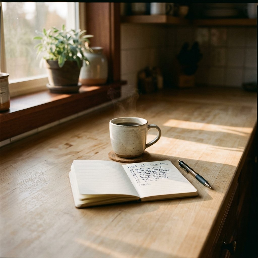A quiet morning kitchen: mug on a counter, warm amber light, notebook open to a weekly habit page